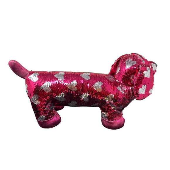 Valentine Weiner Dachshund Dog Sequin Pink Silver Hearts Reverse 18in Toy Plush - Picture 3 of 16